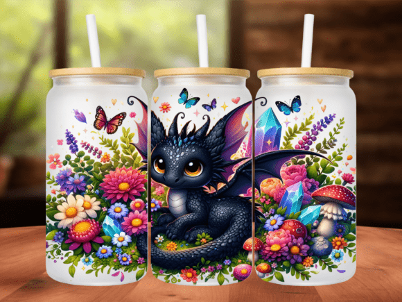 Cute Dragon Floral 16oz Tumbler Wrap PNG