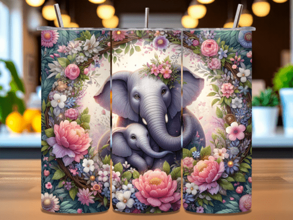 Cute Elephant Floral Tumbler Wrap PNG