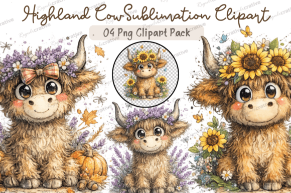 Cute Highland Cow Clipart PNG Bundle