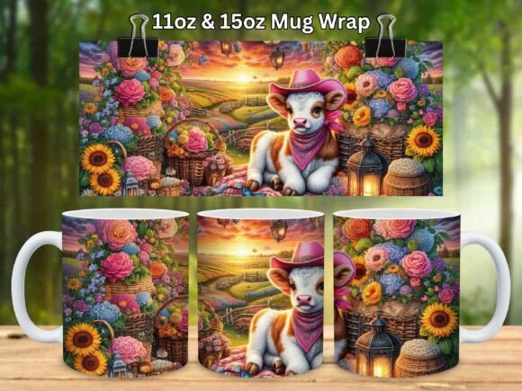 Floral Baby Highland Cow Mug Wrap PNG