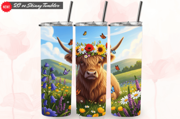 Highland Cow Flowers Tumbler Wrap Design