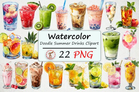 Watercolor Doodle Summer Drinks Clipart