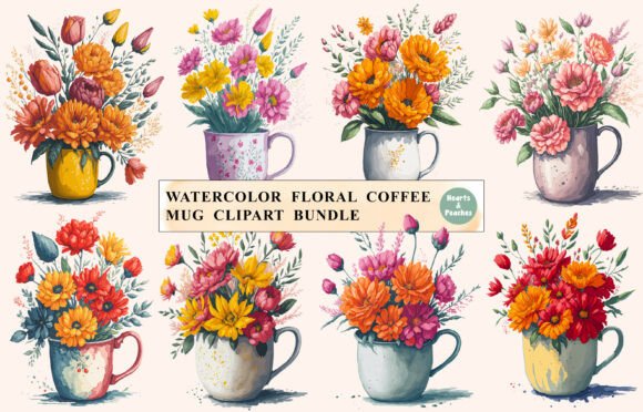 Watercolor Floral Coffee Mug Clipart: Effortlessly Elevate Your Creative Projects